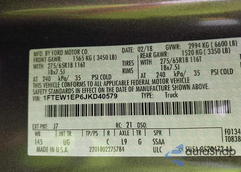 2018 Ford F-150 Xlt из США, поврежденный, VIN 1FTEW1EP6JKD40579